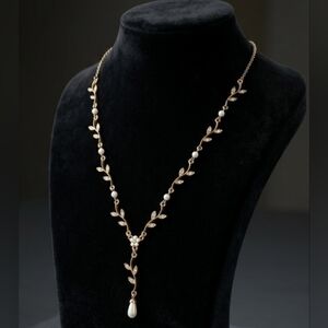 Gold Leaf Vine Pearl Crystal Teardrop Pendant Lariat Drop Necklace Bridal Prom